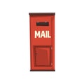City hanging postbox for sending letters. Bright red metallic mailbox. Sign for people communication concept. Colorful