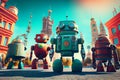 City happy peoples colourful small funny robots Royalty Free Stock Photo