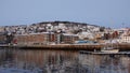 Harstad city harbour at sunrise in winter in Northern Norway Royalty Free Stock Photo