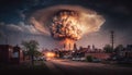 City hit by a Nuclear Bomb, Chemical Explosion Illustration, Mushroom Cloud, Generative AI