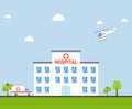 City Hospital building with ambulance and helicopter in flat design. Clinic Vector