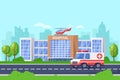 City hospital modern building, vector flat illustration. Clinic medical center, ambulance car and helicopter on roof.