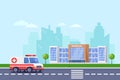 City hospital modern building, vector flat illustration. Clinic medical center, ambulance car on road.