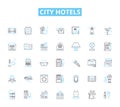 City hotels linear icons set. Luxury, Central, Boutique, Urban, Business, Cosmopolitan, Contemporary line vector and