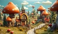 City with house shaped like mushrooms. Enchanted florest. AI generated