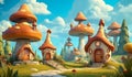 City with house shaped like mushrooms. Enchanted florest. AI generated