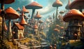 City with house shaped like mushrooms. Enchanted florest. AI generated