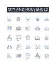 City and household line icons collection. ity, Metropolis, Urban center, Megalopolis, Municipality, Capital, Town vector