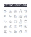 City and household line icons collection. ity, Metropolis, Urban center, Megalopolis, Municipality, Capital, Town vector