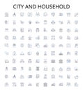 City and household outline icons collection. City, Household, Urban, Dwelling, Town, Home, Residence vector illustration