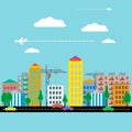 City with houses, cars, crane and plane. Flat design. Vector Royalty Free Stock Photo