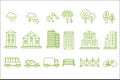 City icons set, buildings, transport, trees, weather clouds, design elements for city map line vector Illustrations on a Royalty Free Stock Photo