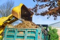 City improvement on teamwork cleaning autumn leaves in the with tractor fallen leaves into the car