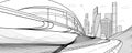 City infrastructure industrial and cityscape illustration. Bridge over river. Automobile road in mountains. Black outlines on whit Royalty Free Stock Photo