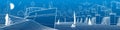 City infrastructure panoramic illustration. Big bridge across river. Hydroelectric Power Station. Ship landed on shore. Sailing ya