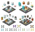 City isometric set. Cityscape infrastructure quarter. Town houses and streets with cars. Urban low poly. Vector illustration