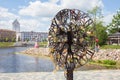 City Jelgava, Latvian Republic. Newlywed keys with people names. River Lielupe, peoples and urban city view. Houses and walking