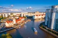 City Kaliningrad Russia Fishing Village sunset summer day pleasure tourist ship, aerial top view Royalty Free Stock Photo