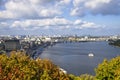 City of Kiev, Ukraine. View of the Podil. City landscape overlooking the Dnieper river, parks and builds.