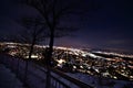 City of la crosse wisconsin from grandads bluff scenic overlook with fence and bare trees silhouetted in the city lights Royalty Free Stock Photo