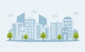 City landscape banner with buildings shapes, trees and clouds on white background. Flat cartoon vector illustration