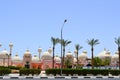 City landscape with beautiful temples, mosques, buildings with round domes in the Arab Muslim Muslim Egyptian street against the b