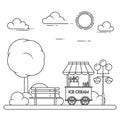 City landscape with bench, ice cream truck in central park. Vector illustration. Line art.