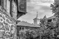 City landscape, in black-and-white color - view of the old streets and the Church of the Assumption, the Old Town of Nesebar Royalty Free Stock Photo