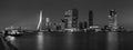City Landscape, black-and-white panorama - Night view on Erasmus Bridge and district Feijenoord city of Rotterdam