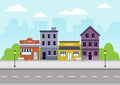 City landscape with buildings, street, and footpath. Cityscape flat design. Vector Illustration Royalty Free Stock Photo