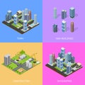 City Landscape Construction Building Poster Card Set Isometric View. Vector