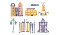 City Landscape Elements Set, Town Residential Houses, Fountain, Lantern, Bus Hand Drawn Vector Illustration Royalty Free Stock Photo