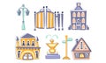 City Landscape Elements Set, Town Residential Houses, Fountain, Lantern, Signpost Hand Drawn Vector Illustration Royalty Free Stock Photo