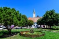 City landscape with Ferdinand I King Square Piata Regele Ferdinand I and green park in the old city center of Medias, in Royalty Free Stock Photo