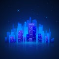 City Landscape. Futuristic Night City Lights. City Silhouette on Blue Background. Vector illustration Royalty Free Stock Photo