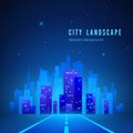 City Landscape. Futuristic Night City. Road to City of Future. City Silhouette on Blue Background. Vector illustration Royalty Free Stock Photo