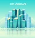 City landscape with high glass skyscraper and water reflection. Modern architecture and buildings. Vector flat.