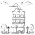 City landscape with house, trees and clouds. Vector illustration. Flat line art style. Royalty Free Stock Photo