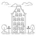 City landscape with house, trees and clouds. Vector illustration. Flat line art style. Royalty Free Stock Photo