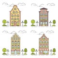 City landscape with house, trees and clouds. Vector illustration. Flat line art style. Royalty Free Stock Photo