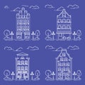 City landscape with house, trees and clouds. Vector illustration. Flat line art style. Royalty Free Stock Photo