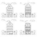 City landscape with house, trees and clouds. Vector illustration. Flat line art style. Royalty Free Stock Photo