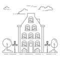 City landscape with house, trees and clouds. Vector illustration. Flat line art style. Royalty Free Stock Photo