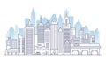 City landscape line panorama template with flat color high skyscrapers. Outline smart urban city vector illustration. Royalty Free Stock Photo