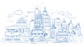 City landscape with modern buildings pencil sketch, hand drawn, doodle vector illustration