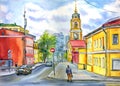 City landscape with monastery  watercolor illustration Royalty Free Stock Photo