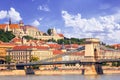 City landscape - morning view of the Szechenyi Chain Bridge and Buda Castle with Fisherman`s Bastion in Budapest Royalty Free Stock Photo