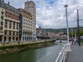 City landscape with a Nevion River, Bridge and promenade, Bilbao, Spain
