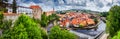 City landscape, panorama, banner - view over the historical part Cesky Krumlov with Vltava river in summer time Royalty Free Stock Photo