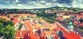 City landscape, panorama, banner - view over the historical part Cesky Krumlov with Vltava river in summer time Royalty Free Stock Photo